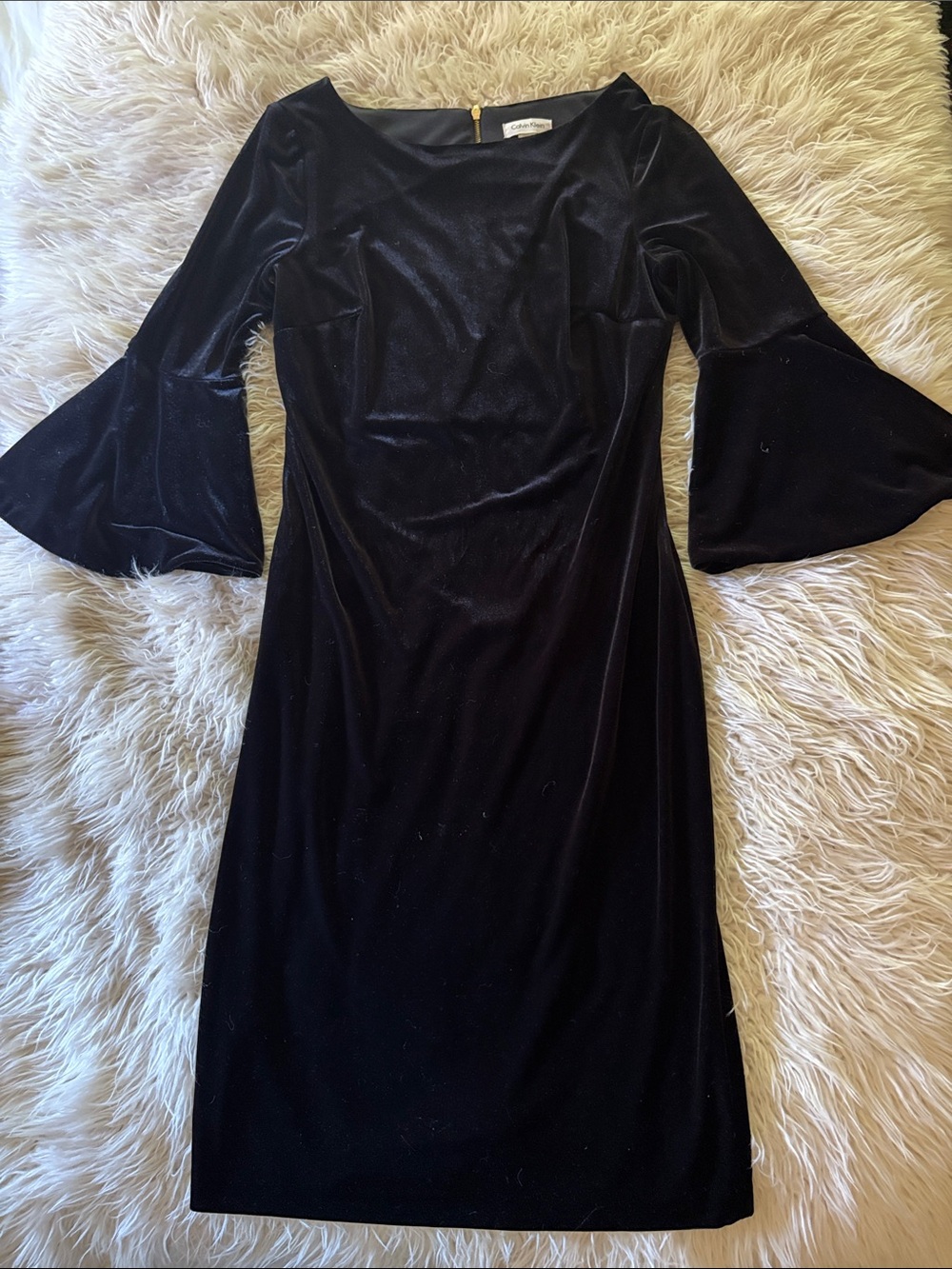 Calvin Klein Black Velvet Bell Sleeve Midi Dress